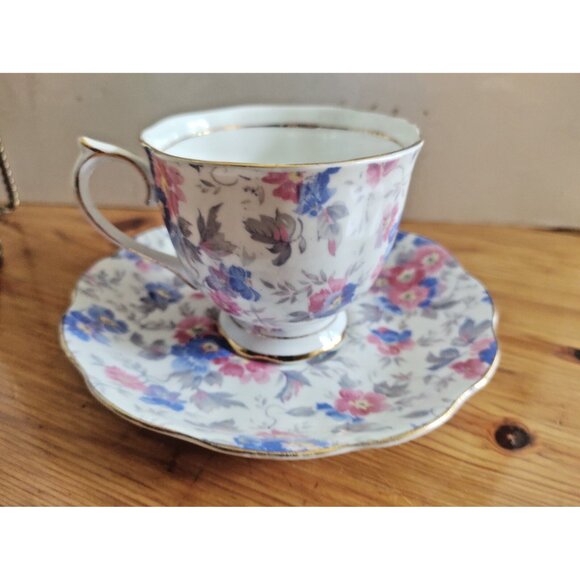 VINTAGE Rare Royal Albert Crown China Pink/Blue Floral Cup & Saucer Chintz Style - Picture 1 of 11